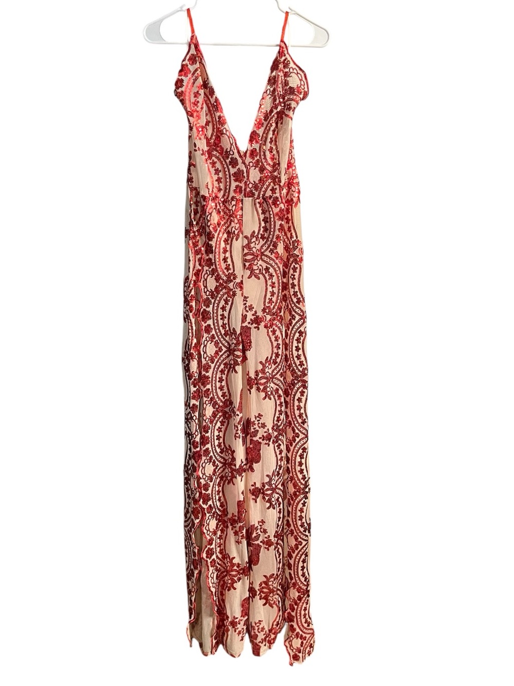 NWT Banjul Sheer Cream with Red Sequin Floral Open Wide-Leg Jumpsuit Size L - Picture 6 of 11